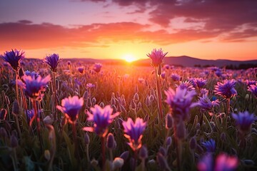 Sunset Glow on Purple Wildflower Field.  - obrazy, fototapety, plakaty