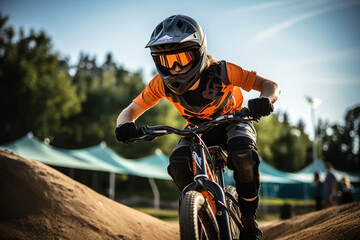 A teenager BMX Racing Rider performs tricks