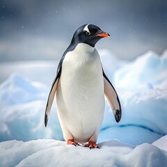 Within a frosted drift, a penguin maintains stance through polar elements.