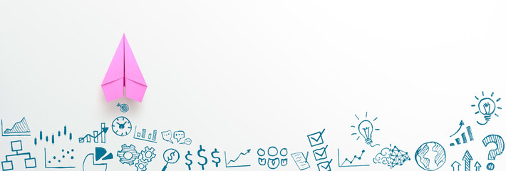 Pink paper plane and business strategy on white background, copy space © Worawut