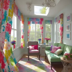 living room interior with colorful curtins