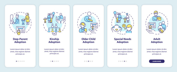 Adoption options onboarding mobile app screen. Child custody walkthrough 5 steps editable graphic instructions with linear concepts. UI, UX, GUI template. Myriad Pro-Bold, Regular fonts used - obrazy, fototapety, plakaty