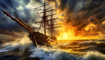 Bottom view of an old wooden sailing ship braving the waves of a wild stormy sea, in the background dramatic sky with storm clouds at sunrise or sunset. Generative Ai.