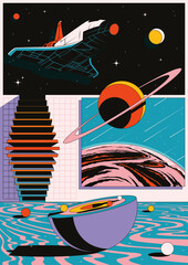 Abstract Space Poster. Spacecraft on the Orbit, Saturn, Planets, Abstract Geometric Shapes Background 