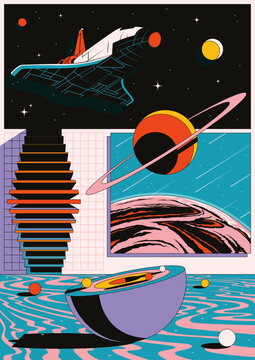 Abstract Space Poster. Spacecraft on the Orbit, Saturn, Planets, Abstract Geometric Shapes Background 
