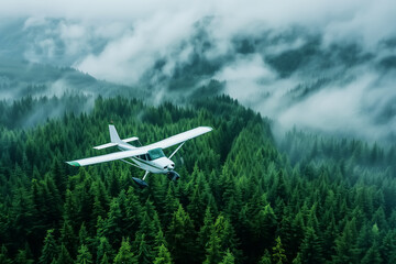 An airplane with a propeller floats over a dense forest filled with tall trees