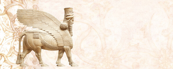 Grunge background with stucco texture, ancient carved ornament and stone statue of lamassu....