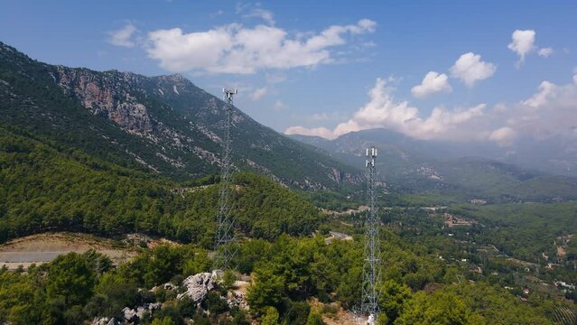 Telecommunication tower 5G, wireless GSM Antenna connection system of communication systems in highland countryside