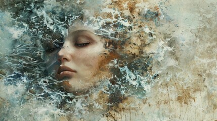 A tranquil composition blending a woman's face with abstract watercolor textures, suggesting a serene connection between human and art.
