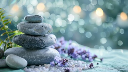 Fototapeta na wymiar A serene composition of stacked Zen stones and delicate lavender flowers, set against a soft, bokeh light background for relaxation and balance. 