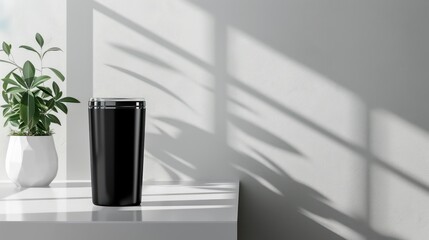 Black stainless steel tumbler on white table for promotional use, with copy space for customization. Background includes green plant and office setting