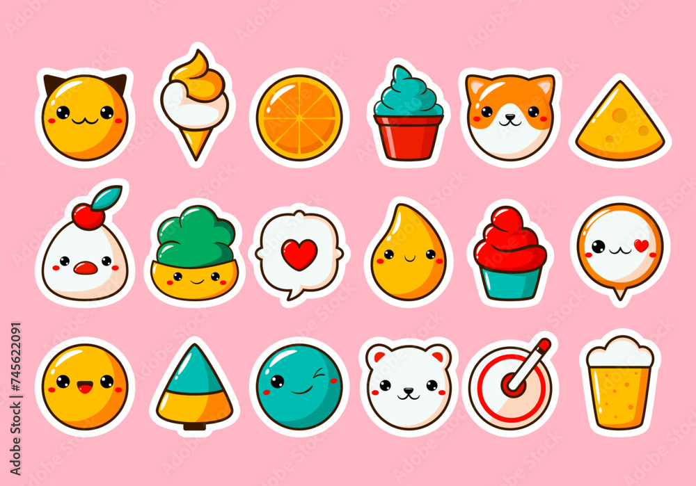 Wall mural Set of stickers in kawaii style. Cute eye-catching tag, label collection with cute kitty, dog, emoji, ice cream, fruit. Collection of trendy sticker with cartoon characters. Vector illustration EPS8