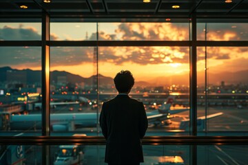 terminal, flight, travel, trip, departure, journey, plane, boarding, vacation, background. a man standing at the airport terminal looking through a terminal windows as he want to boarding on flight. - obrazy, fototapety, plakaty