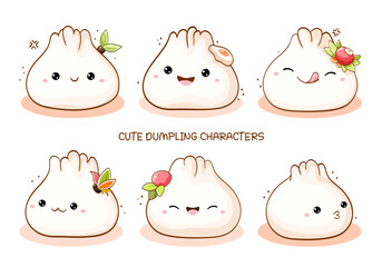 Set of cartoon traditional chinese dumpling. Collection of cute dumpling in kawaii style. Vector illustration EPS8