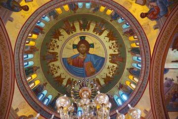 Mural painting in the dome of the Orthodox Cathedral of Ypapanti, Firá, Santorini, Greece