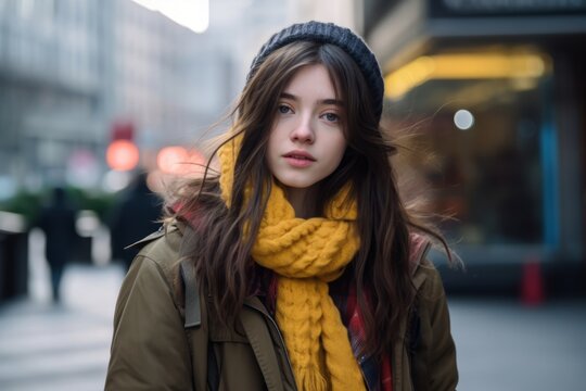 young beautiful hipster woman in yellow scarf and hat in the city