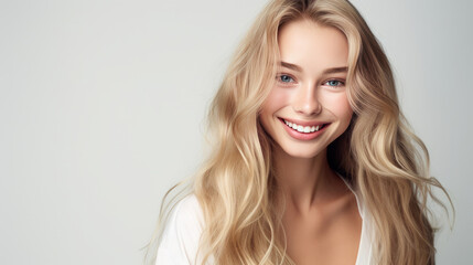 Portrait of a beautiful, sexy Caucasian woman with perfect skin and white long hair, on a white background.