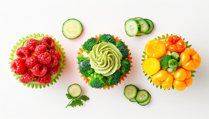 high quality photo of cupcakes made from different types of vegetables, vegetarian style ,copy space - obrazy, fototapety, plakaty