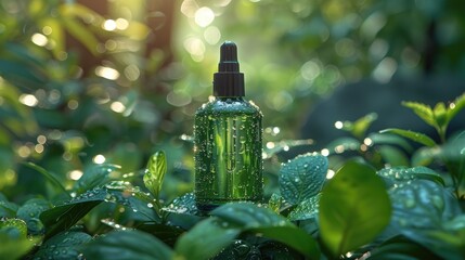 Serum bottle with dropper nestled among fresh dewy leaves, glowing in soft sunlight