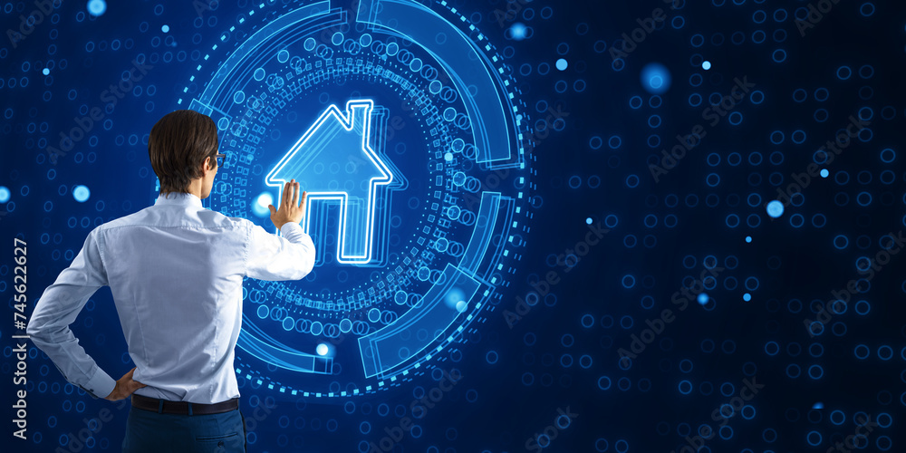 Aufkleber man engaging with a holographic smart home system, advanced iot technology visualization