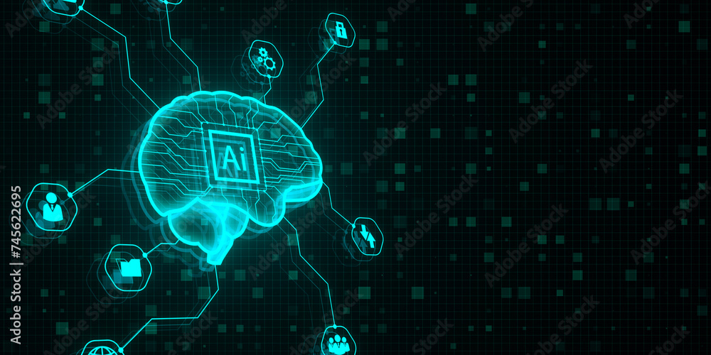 Poster Glowing blue digital brain hologram on dark grid backdrop. AI and machine learning concept. 3D Rendering.