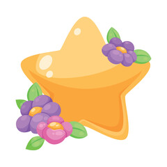 Yellow Star as Celestial Body with Flower Adornment Vector Illustration