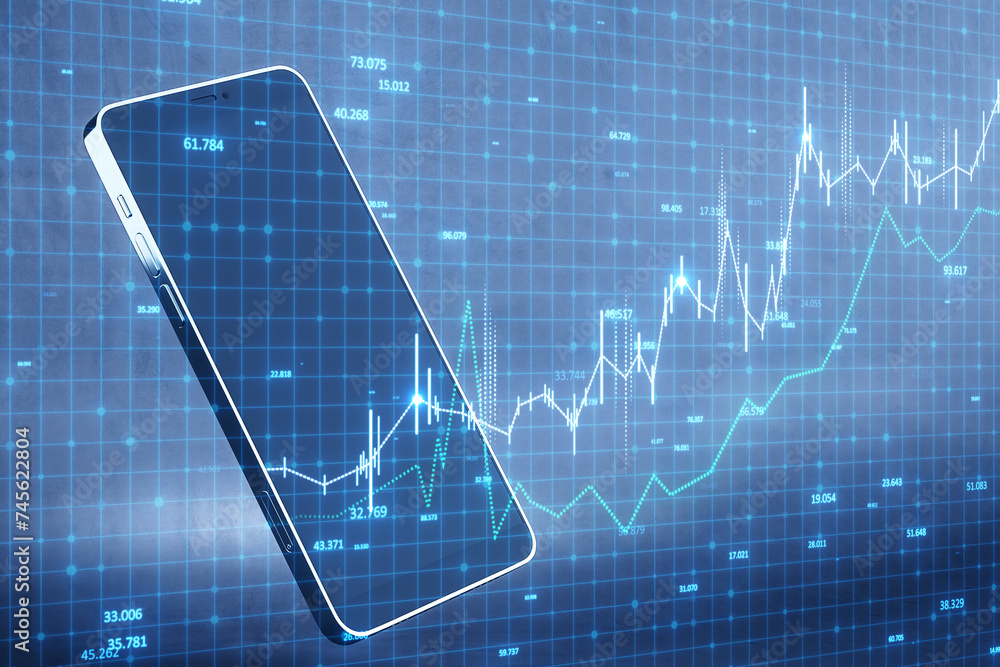 Aufkleber A conceptual image of a phone displaying stock market trends in graph form against a digital blue background
