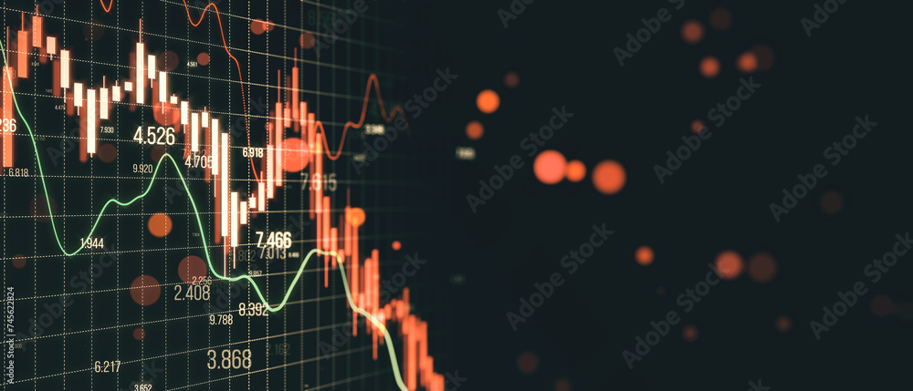 Aufkleber falling red forex candlestick chart on wide black background with bokeh circles. global economic rec