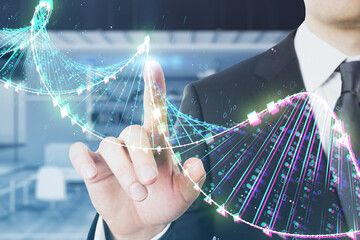 Image showcases a man engaged with a visually striking DNA helix hologram, symbolizing biotechnology