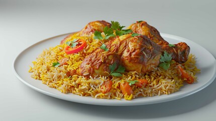 Chicken Biryani on Plate, Isolated on White Background