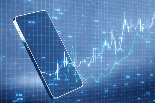 A conceptual image of a phone displaying stock market trends in graph form against a digital blue background