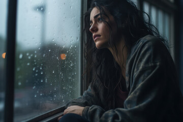 Solitary Reflections: A Sad Female in Melancholy, Gazing Through the Rain-Streaked Window