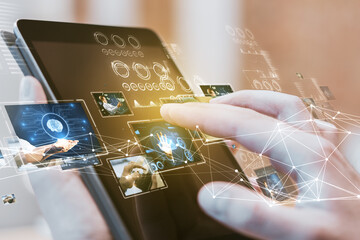 Interactive media platform streaming with a person using a tablet, showcasing blogging and content...