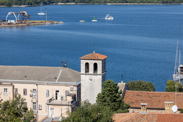 Aerial view from Castle (Venetian Fort) of port and Clock tower of Pula Cathedral, Pula, Croatia, Istria
