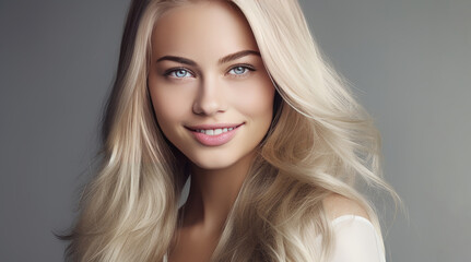 Portrait of a beautiful, sexy Caucasian woman with perfect skin and white long hair, on a silver...