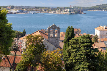 Obraz premium Aerial view from Castle (Venetian Fort) of city and bell tower of Monastery and Church of St. Francis, Pula, Croatia, Istria