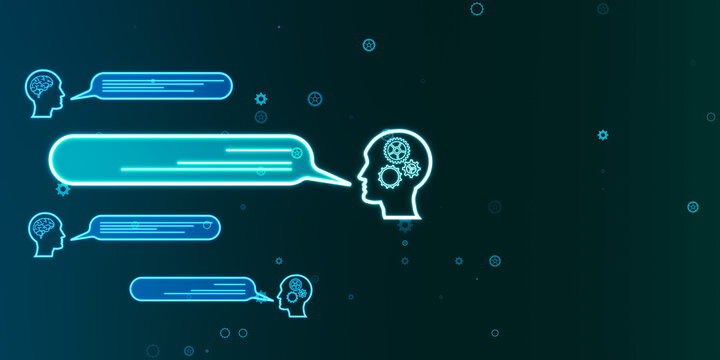 Creative chat GPT hologram with speech bubbles on blurry blue backdrop. AI concept. 3D Rendering.