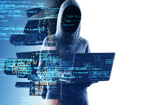 A cyber hacker is presented with lines of code, encapsulating themes of cybersecurity, anonymity, and digital age threats