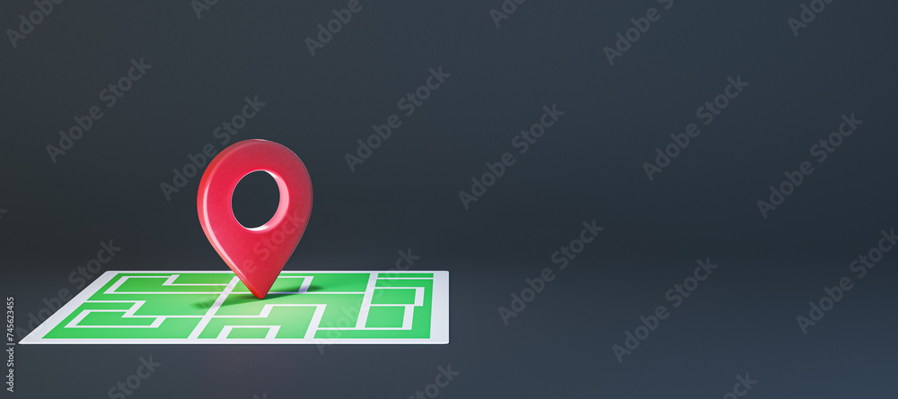Poster Creative map with red location pin on wide black background with mock up place. GPS navigation concept. 3D Rendering.