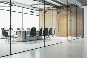 Contemporary wooden, glass and concrete office interior with daylight. 3D Rendering.