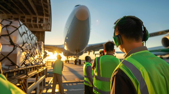 A plane A380 parking near the terminal. Ground crew loading luggage from the plane onto trolleys. Aircraft Airlock - Generative AI.