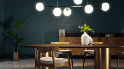 Stylish dining area with wooden elements and design lighting. Interior elegance. 3D Rendering