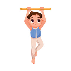 Happy Boy Character Hang on Bar Do Sport and Physical Body Training Vector Illustration