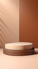 Modern Round Beige Brown Double Podium, Stage, Mock up with Light and Shadows from a Palm Tree, Minimalistic Interior for Product Presentation, Cosmetics from Copy Space.