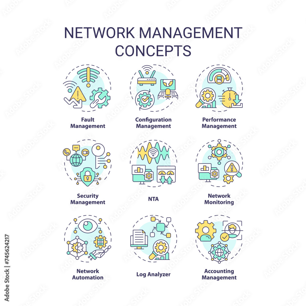 Poster network management multi color concept icons. system architecture, performance monitoring. network a