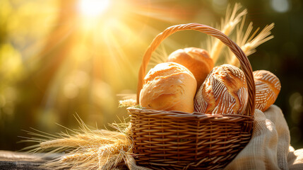 Fresh, fragrant and crispy bread in a wicker basket, which is outside on the table. Loaves of bread are illuminated by bright sunlight. Blurred natural background behind. Shot made in warm colors - obrazy, fototapety, plakaty