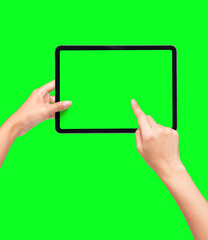 Hands Holding Black Tablet Pad green screen with black tablet computer, isolated on green screen background. Watching screen on Gadget presentation Mockup.