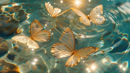 There are transparent  butterflies floating in the water  cyan clear water ripples, t shiny, dreamy.