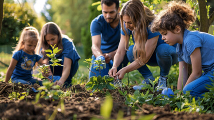 Fototapeta premium group of people, likely a family, engaged in planting a young tree, focusing on environmental care and education.