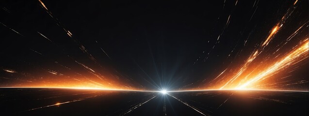 Wide angle panoramic view of a orange flare of light ray on plain black background from Generative AI - obrazy, fototapety, plakaty